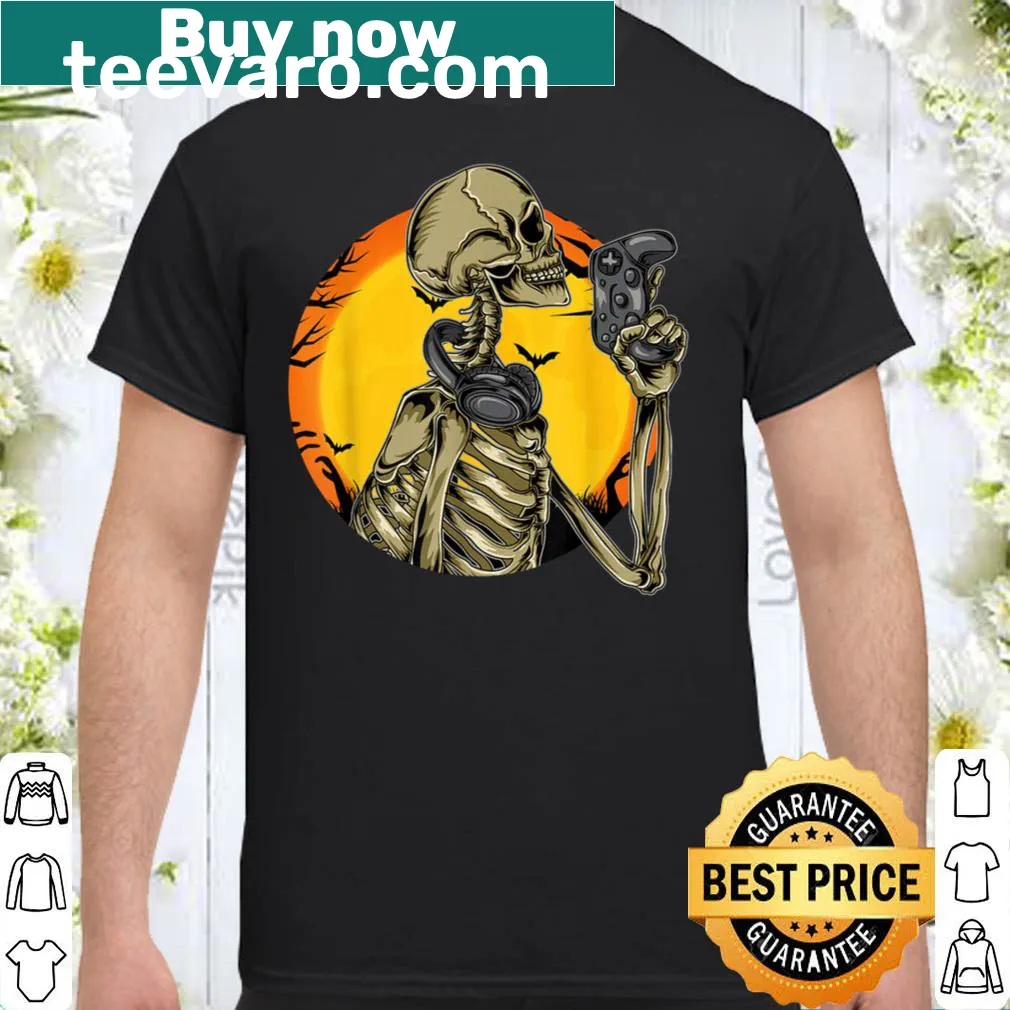 Cartoon skeleton gaming graphic on a kids Halloween T-shirt