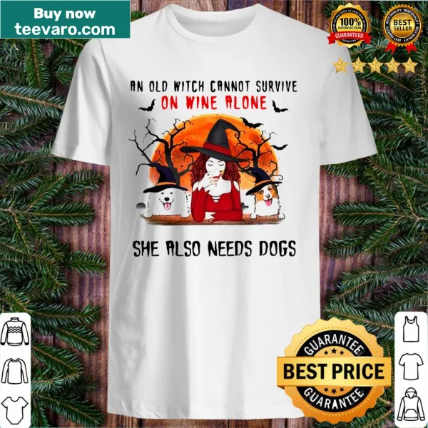Funny Halloween witch shirt featuring dogs and wine humor