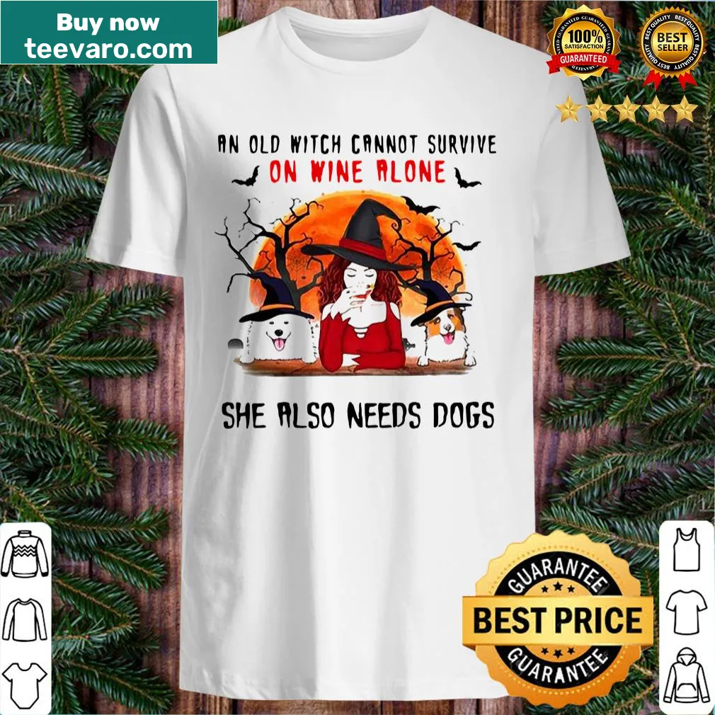 Funny Halloween witch shirt featuring dogs and wine humor