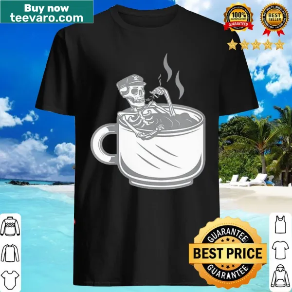Halloween shirt with a skeleton enjoying coffee in a retro style.