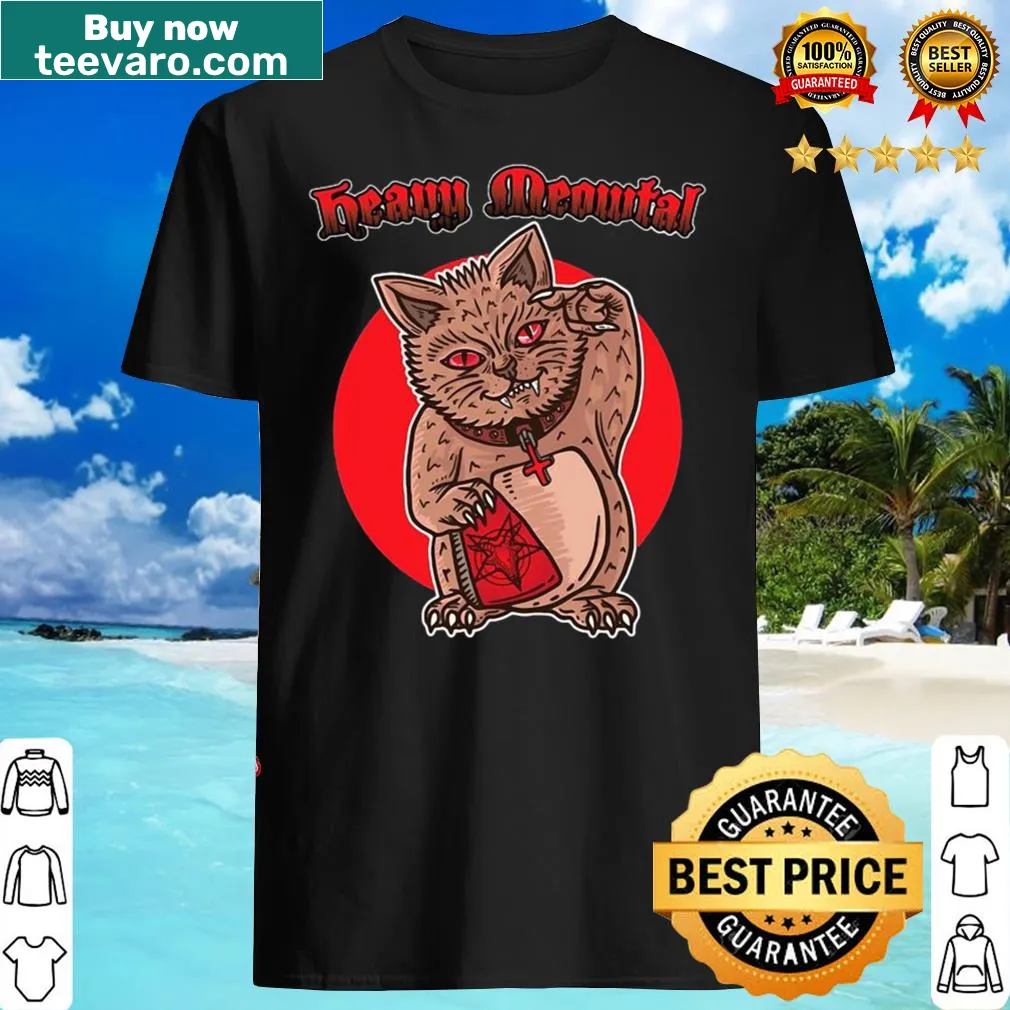 Funny metal-themed cat T-shirt with 'Hail Satan' text