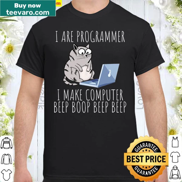 Cartoon cat programmer T-shirt with humorous text