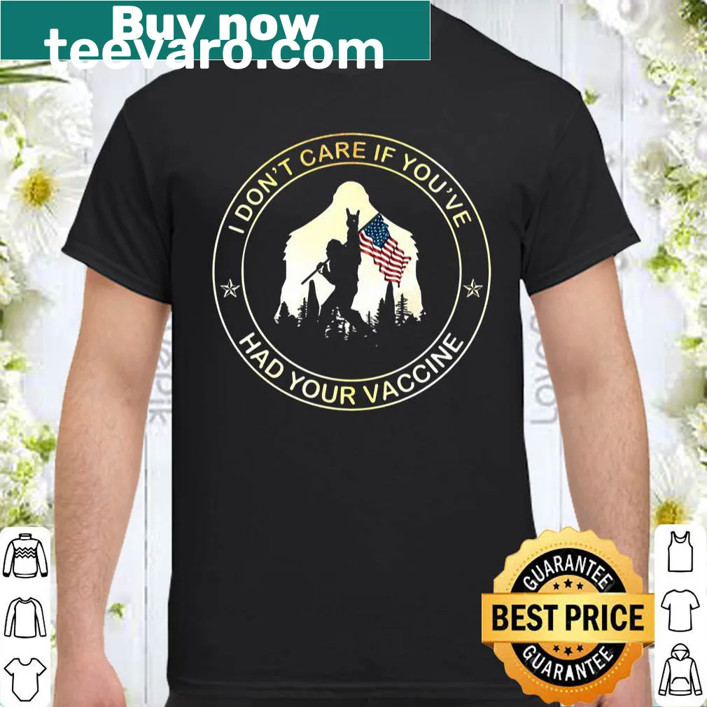 Humorous Bigfoot graphic with American flag and vaccine statement
