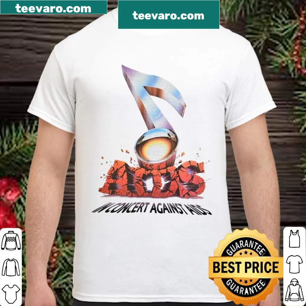 Commemorative concert shirt for AIDS awareness featuring rock icons
