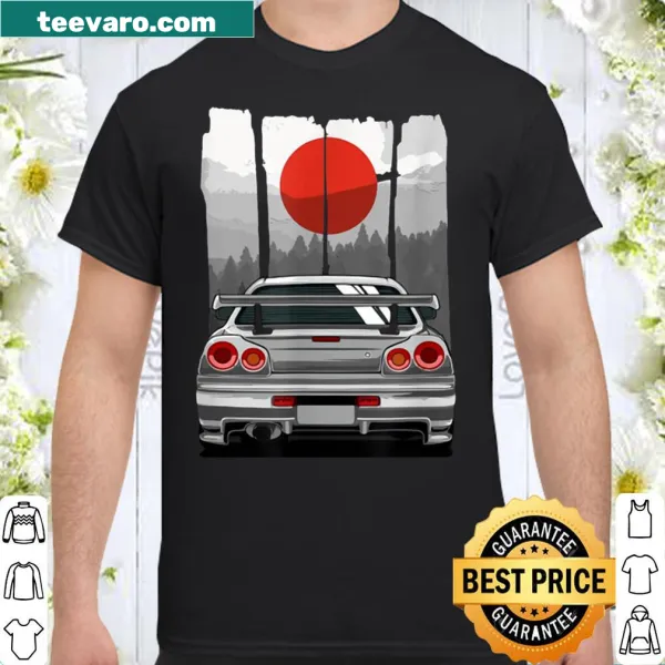JDM Skyline 34 shirt with illustration of car and Japan Rising Sun