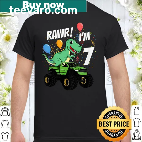Kids t-shirt featuring a dinosaur riding a monster truck