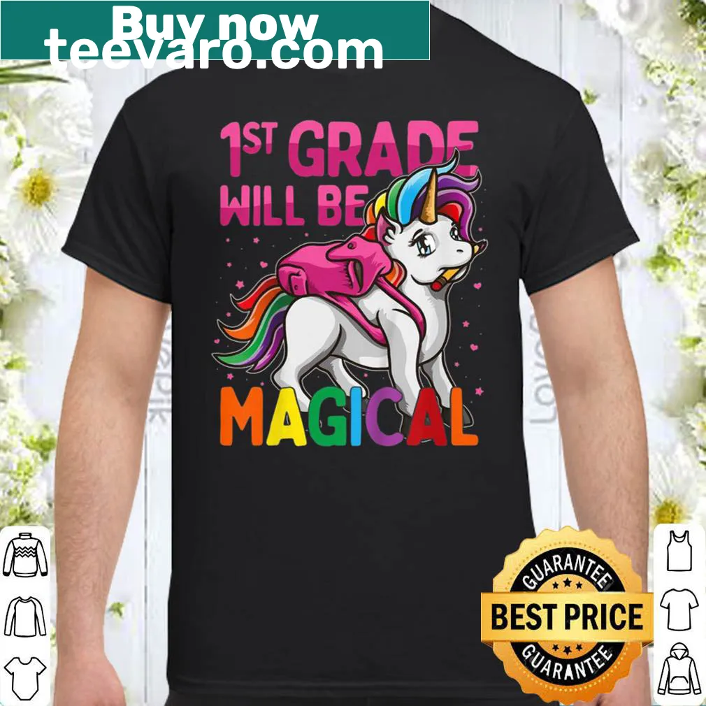 Whimsical unicorn shirt with pink stars for first graders