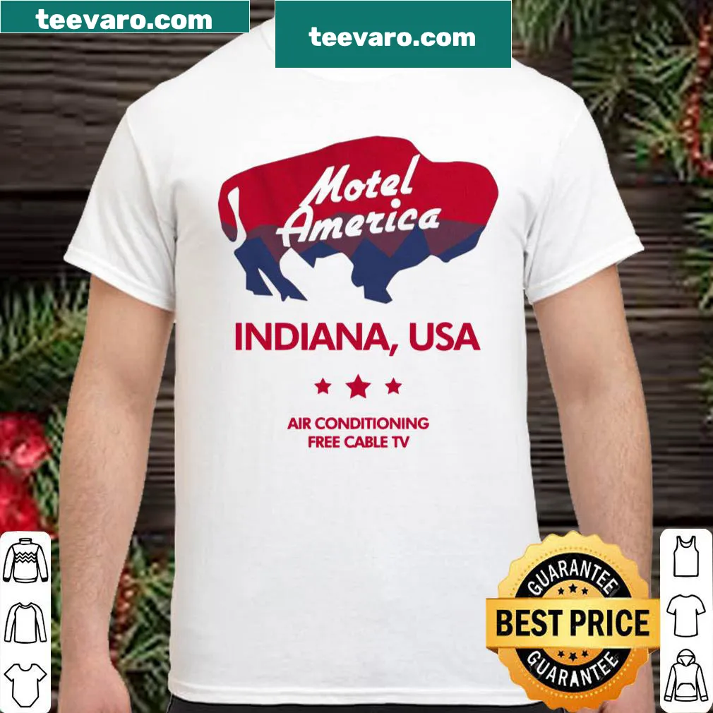Illustrated Motel America shirt featuring playful text and graphics.