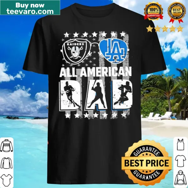 Patriotic dad shirt featuring Los Angeles Dodgers logo with American flag.