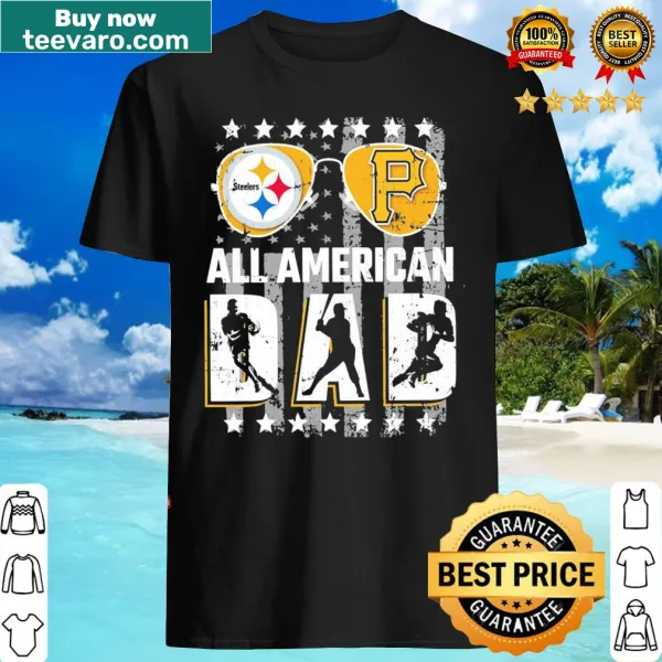Vintage-style dad t-shirt featuring Steelers, Pirates, and American flag.