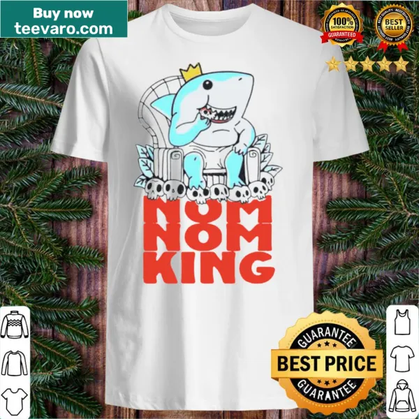 Cartoon shark design with a crown and playful 'Nom Nom King' text