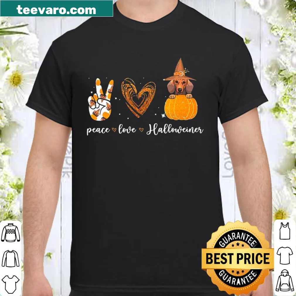 Cute dachshund with witch hat and pumpkins, Halloween-themed shirt