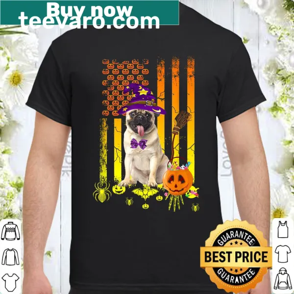 Halloween shirt with a cute pug, pumpkin, and American flag design