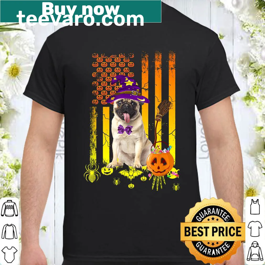 Halloween shirt with a cute pug, pumpkin, and American flag design