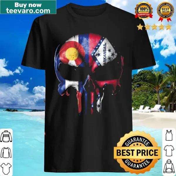 Punisher Skull T-shirt featuring Colorado and Arkansas flags.