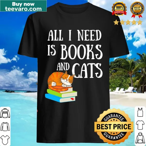 T-shirt with a graphic of cats surrounded by books for cat lovers