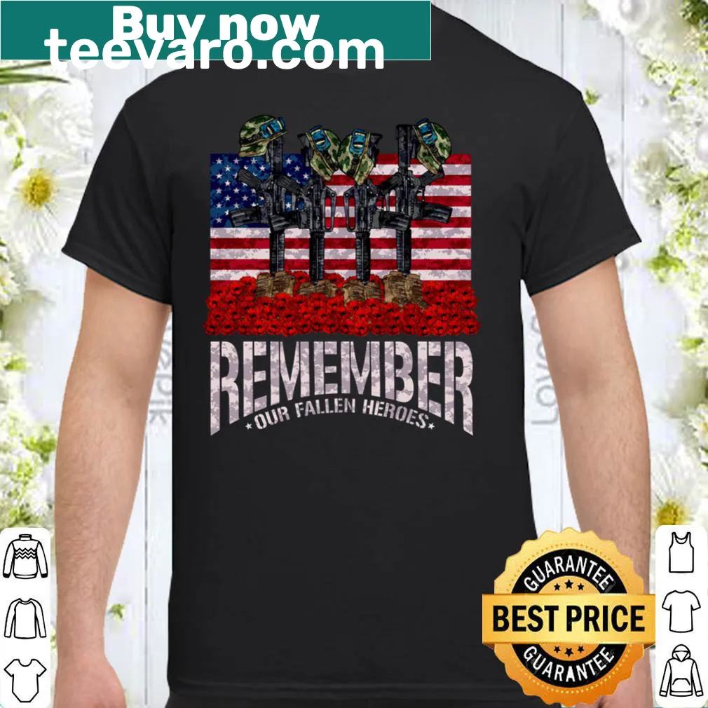 Tribute t-shirt with 'Remember Fallen Heroes' text for Memorial Day.