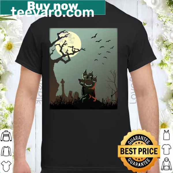 Halloween shirt with spooky cat grave and zombie paw prints illustration.