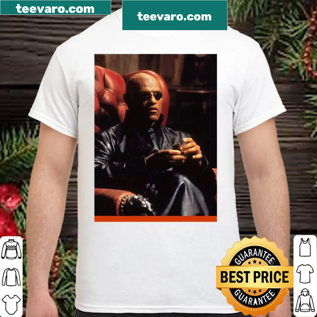 Morpheus from The Matrix sitting in a chair on a shirt design