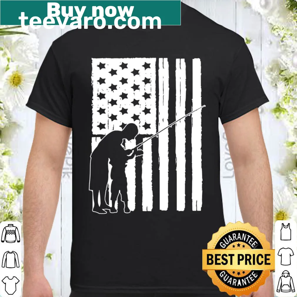 Father-son matching T-shirts with American flag and fishing theme