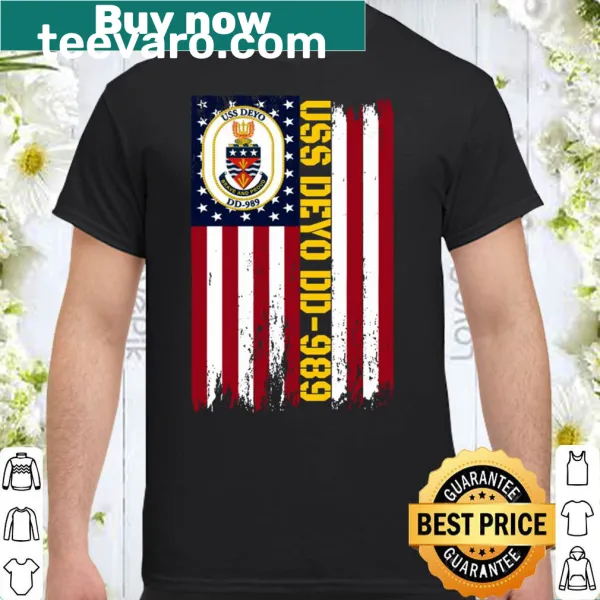 USS Deyo DD-989 ship and American flag on a T-shirt