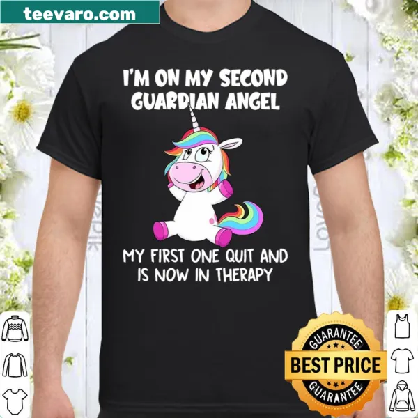 Shirt with the phrase 'I'm on my second guardian angel' in a playful font