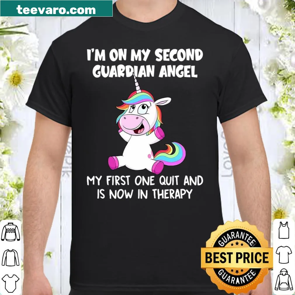 Shirt with the phrase 'I'm on my second guardian angel' in a playful font