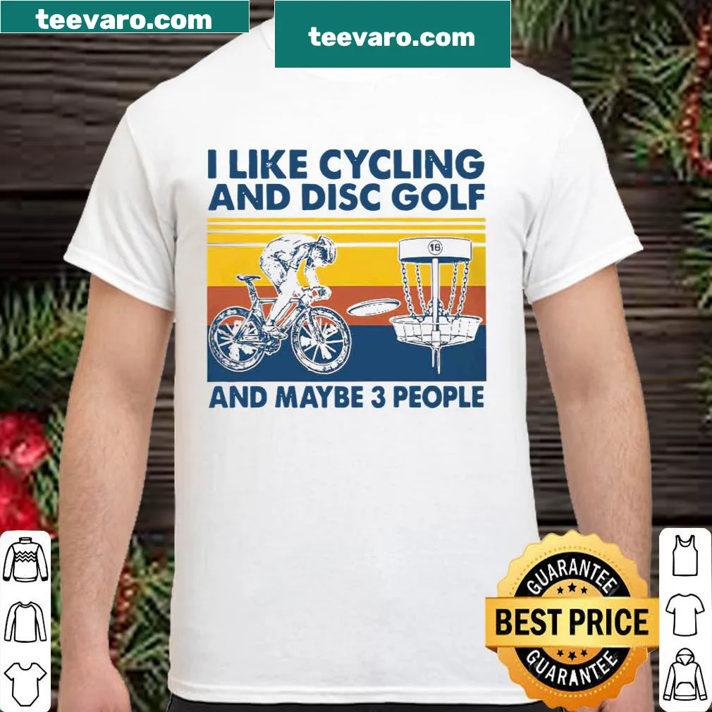 Retro shirt with the phrase about cycling, disc golf, and 3 people