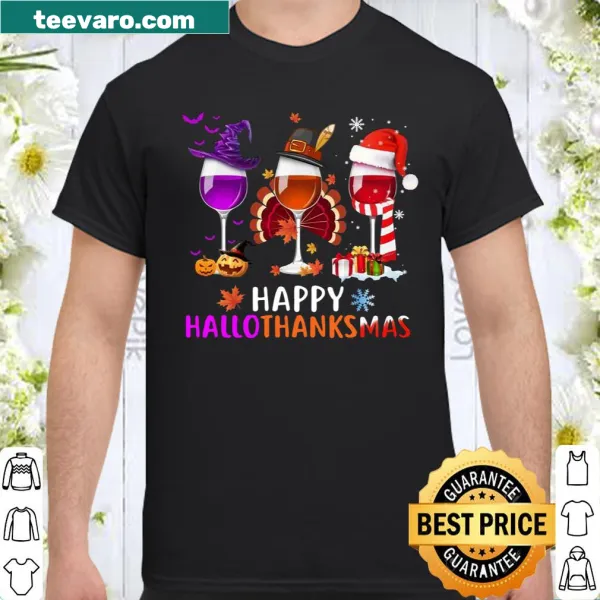 Thanksgiving shirt with wine glass graphic and 'Happy Hallothanksmas' text