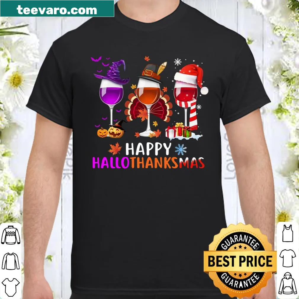 Thanksgiving shirt with wine glass graphic and 'Happy Hallothanksmas' text