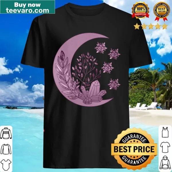 Witchcore shirt with crescent moon and crystal flowers design.