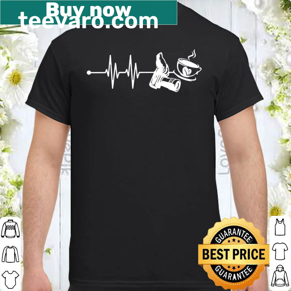 Photographer shirt with heartbeat line, coffee cup, and camera graphic