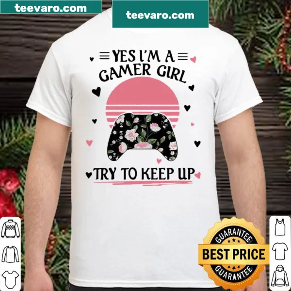 Gamer girl shirt with video game graphics and floral sunset design