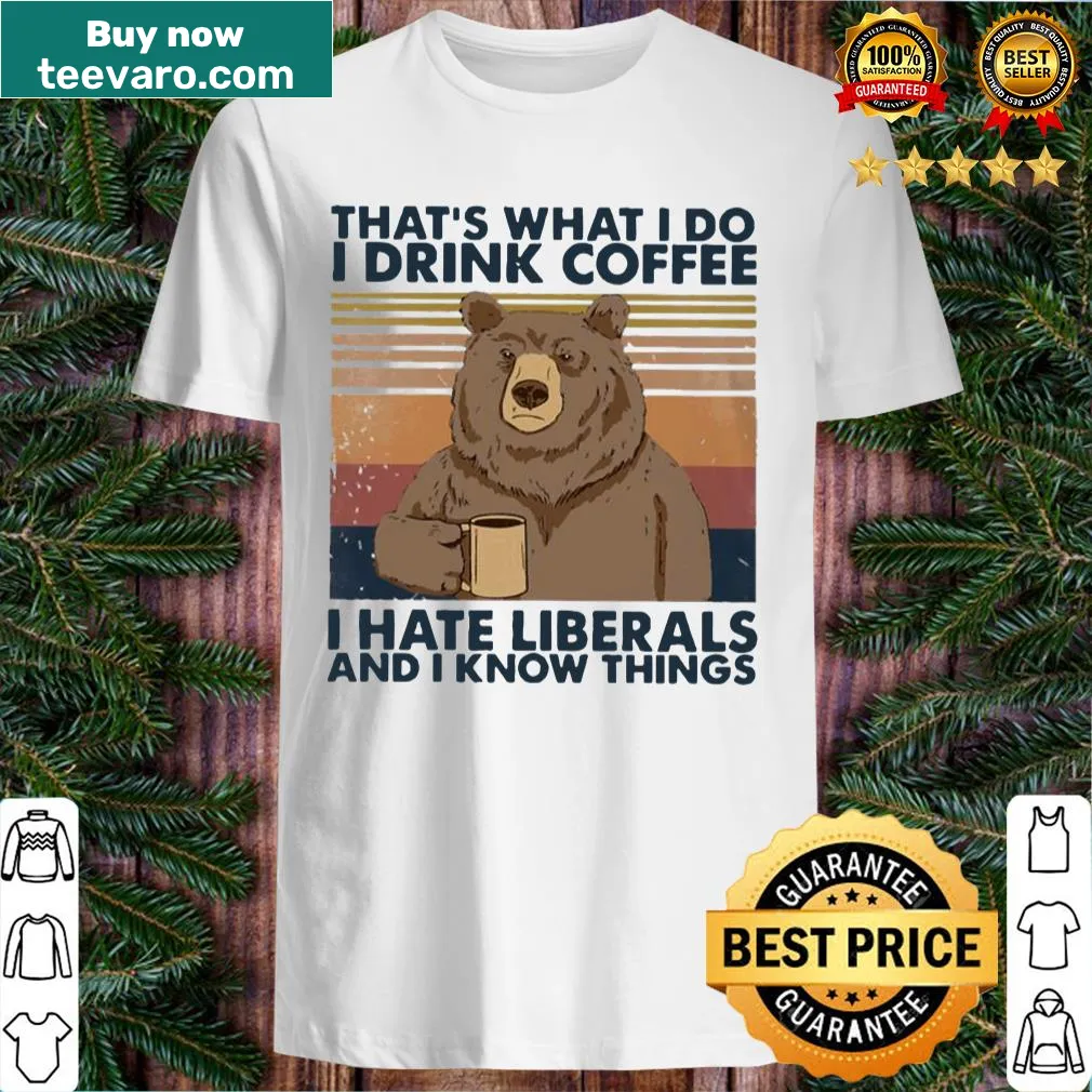Vintage-style graphic tee featuring a bear and humorous text about coffee and politics