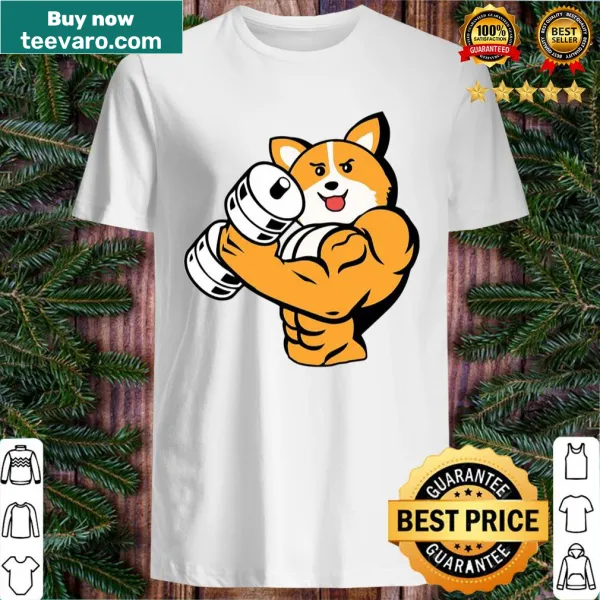 Playful cartoon corgi lifting weights for fitness lovers.