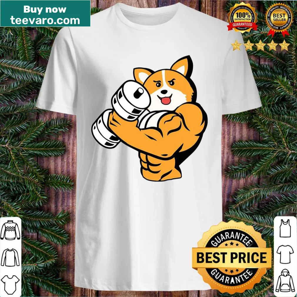 Playful cartoon corgi lifting weights for fitness lovers.