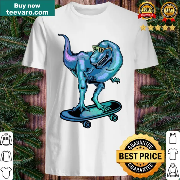 Playful graphic of a dinosaur on a skateboard
