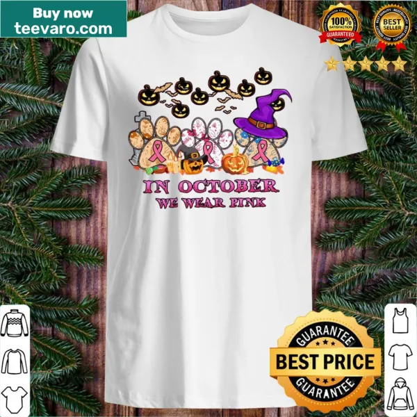 Playful Halloween T-shirt with dogs and 'In October We Wear Pink' text