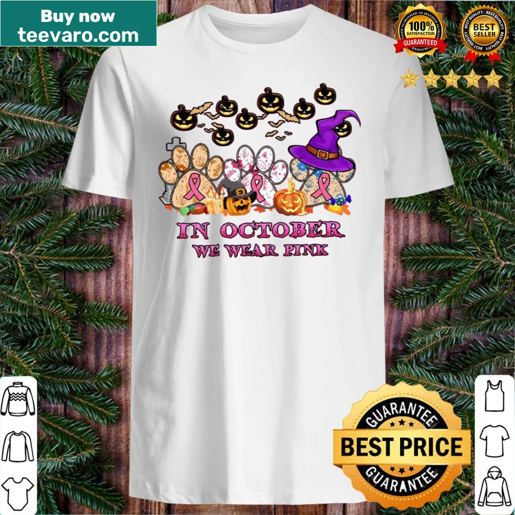 Playful Halloween T-shirt with dogs and 'In October We Wear Pink' text