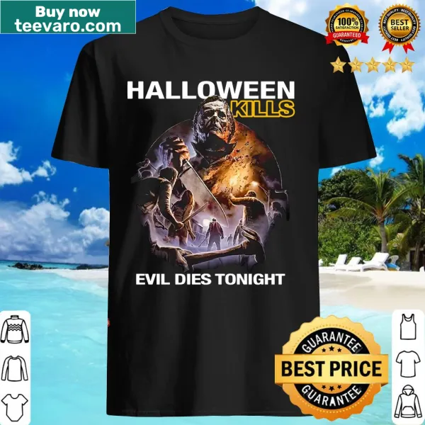 Halloween T-shirt with the phrase Evil Dies Tonight in a horror-themed design