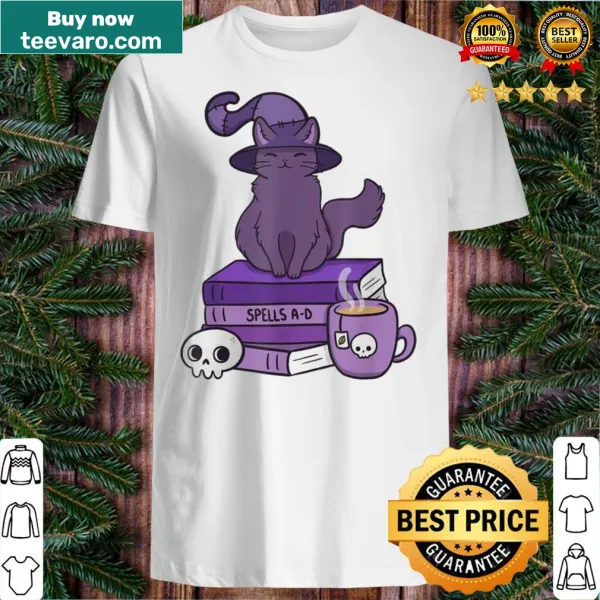 Whimsical cat in a witch costume with skulls and books for Halloween.