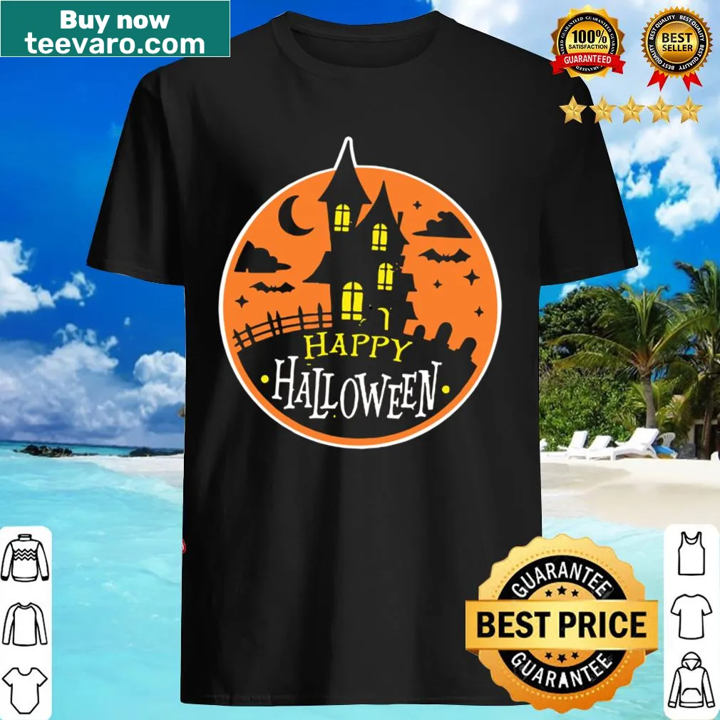 Happy Halloween t-shirt with a whimsical haunted house illustration