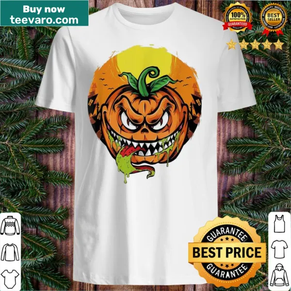 Halloween T-shirt featuring a cheerful pumpkin with a scary face illustration.
