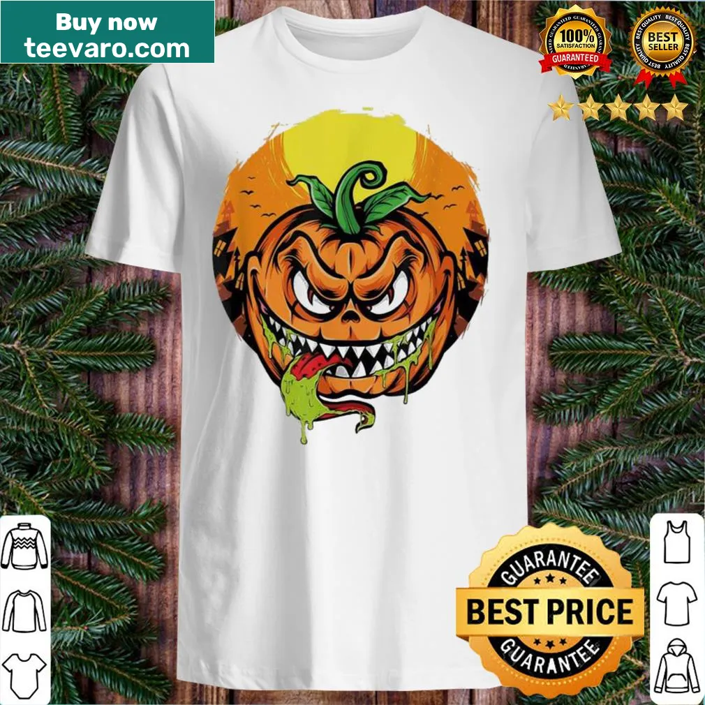 Halloween T-shirt featuring a cheerful pumpkin with a scary face illustration.