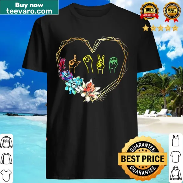 T-shirt displaying a hand heart in American Sign Language