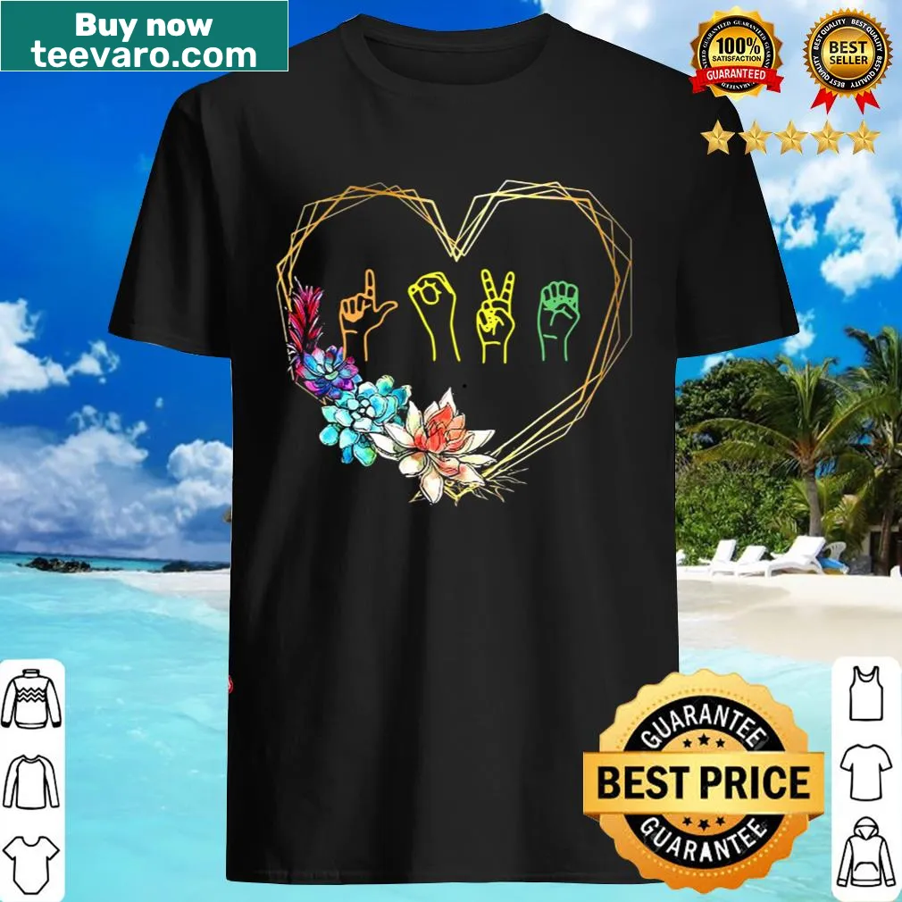 T-shirt displaying a hand heart in American Sign Language