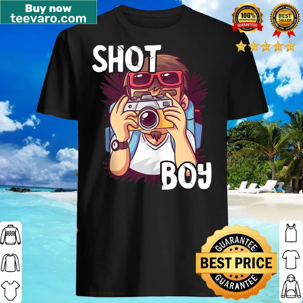Illustrative photography t-shirt with camera lens and 'Shot Boy' text