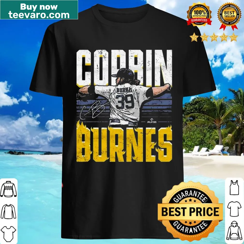 Milwaukee Brewers shirt featuring Corbin Burnes' signature and flames design.
