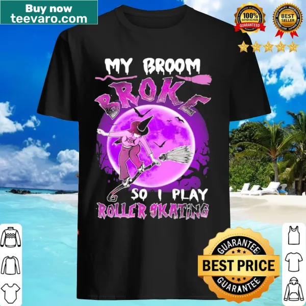 Whimsical Halloween tee featuring a broom and roller skates illustration