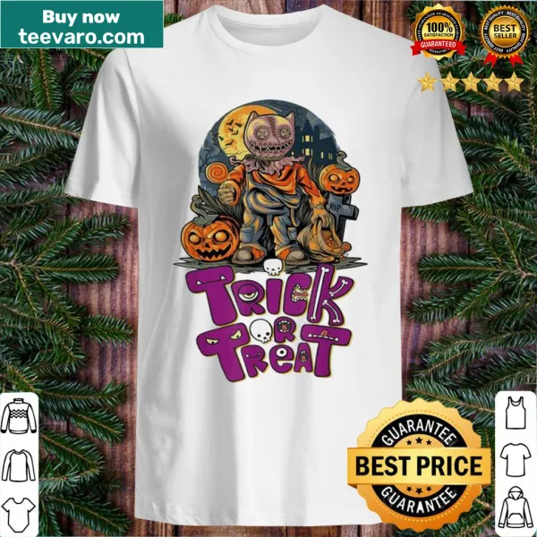 Cartoon pumpkin T-shirt celebrating Halloween and trick-or-treating.